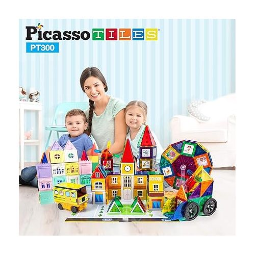 PicassoTiles Master Builder Magnetic Early Educational Toy Building Block Kit with 3 in 1 Playboard for Kid,Baby Ages 3 and Up, STEM Construction with School, Bus, Hospital, Police Station, 300 Piece