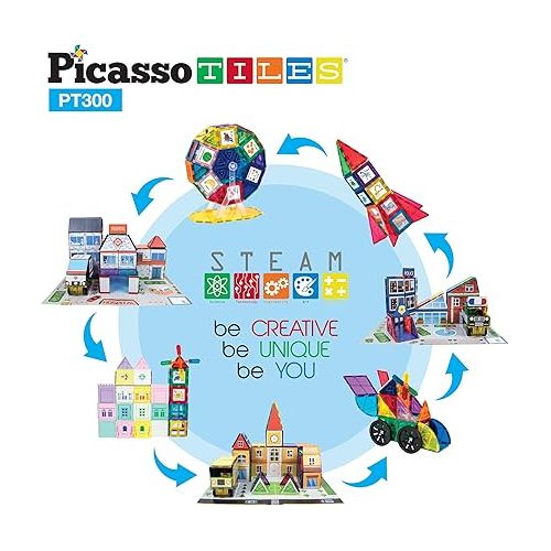  PicassoTiles Master Builder Magnetic Early Educational Toy Building Block Kit with 3 in 1 Playboard for Kid,Baby Ages 3 and Up, STEM Construction with School, Bus, Hospital, Police Station, 300 Piece