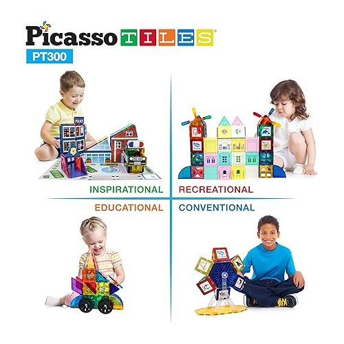  PicassoTiles Master Builder Magnetic Early Educational Toy Building Block Kit with 3 in 1 Playboard for Kid,Baby Ages 3 and Up, STEM Construction with School, Bus, Hospital, Police Station, 300 Piece