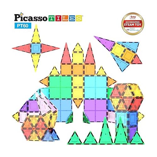  PicassoTiles 60 Piece Set 60pcs Magnet Building Tiles Clear Magnetic 3D Blocks Construction Playboards - Creativity beyond Imagination, Inspirational, Recreational, Educational, Conventional