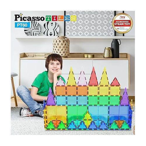  PicassoTiles 60 Piece Set 60pcs Magnet Building Tiles Clear Magnetic 3D Blocks Construction Playboards - Creativity beyond Imagination, Inspirational, Recreational, Educational, Conventional