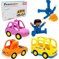 PicassoTiles Magnetic Figures 5 Piece Vehicle and Action Figure Set Including School Bus, Car, Truck and 2 Drivers Magnet Expansion Pack Toddler Toy Kit Pretend Playset for Construction Building Block