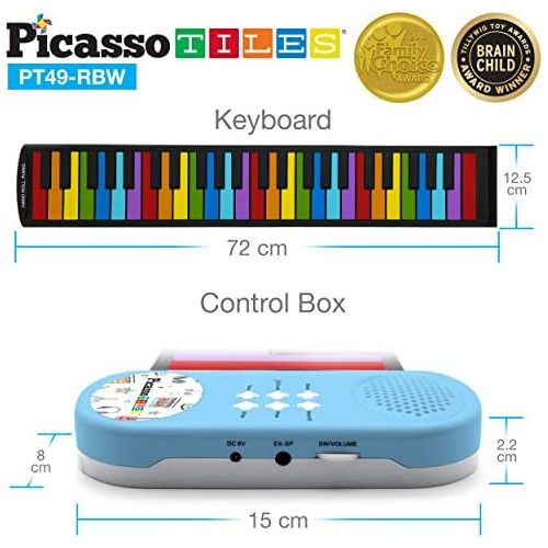  [아마존베스트]PicassoTiles PT49 Kids 49-Key Flexible Roll-Up Educational Electronic Digital Music Piano Keyboard w/ Recording Feature, 8 Different Tones, 6 Educational Demo Songs & Build-in Spea