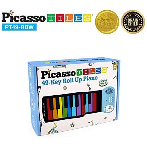  [아마존베스트]PicassoTiles PT49 Kids 49-Key Flexible Roll-Up Educational Electronic Digital Music Piano Keyboard w/ Recording Feature, 8 Different Tones, 6 Educational Demo Songs & Build-in Spea