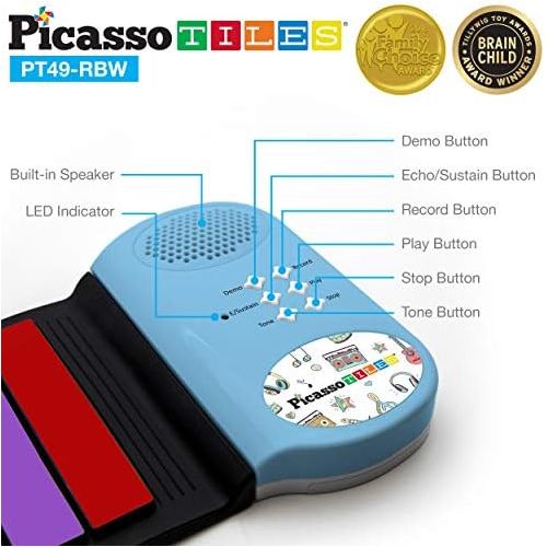  [아마존베스트]PicassoTiles PT49 Kids 49-Key Flexible Roll-Up Educational Electronic Digital Music Piano Keyboard w/ Recording Feature, 8 Different Tones, 6 Educational Demo Songs & Build-in Spea