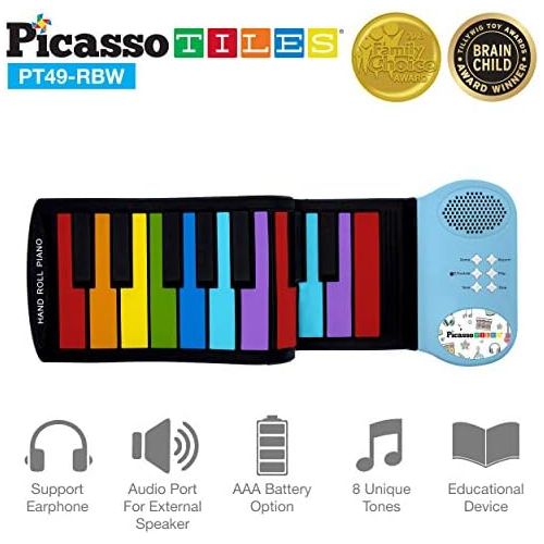  [아마존베스트]PicassoTiles PT49 Kids 49-Key Flexible Roll-Up Educational Electronic Digital Music Piano Keyboard w/ Recording Feature, 8 Different Tones, 6 Educational Demo Songs & Build-in Spea