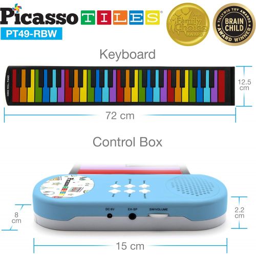  [아마존베스트]PicassoTiles PT49 Kids 49-Key Flexible Roll-Up Educational Electronic Digital Music Piano Keyboard w/ Recording Feature, 8 Different Tones, 6 Educational Demo Songs & Build-in Spea