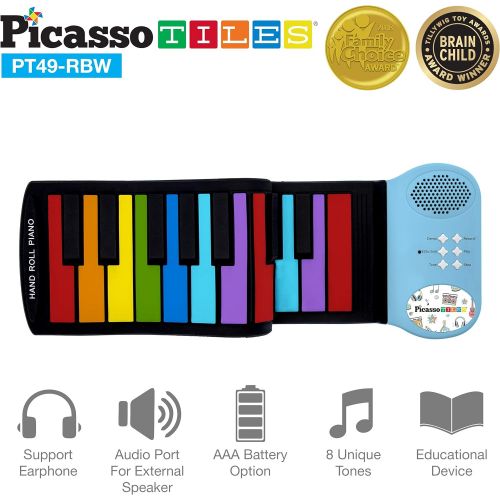  [아마존베스트]PicassoTiles PT49 Kids 49-Key Flexible Roll-Up Educational Electronic Digital Music Piano Keyboard w/ Recording Feature, 8 Different Tones, 6 Educational Demo Songs & Build-in Spea