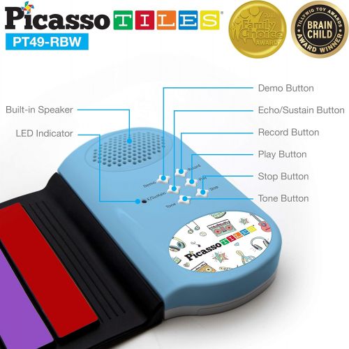  [아마존베스트]PicassoTiles PT49 Kids 49-Key Flexible Roll-Up Educational Electronic Digital Music Piano Keyboard w/ Recording Feature, 8 Different Tones, 6 Educational Demo Songs & Build-in Spea