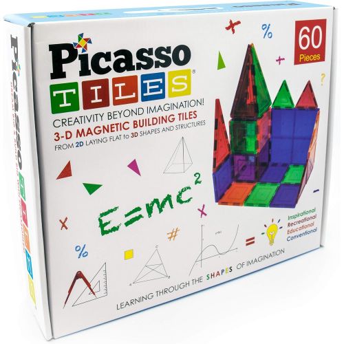  [아마존베스트]PicassoTiles 60 Piece Set 60pcs Magnet Building Tiles Clear Magnetic 3D Building Blocks Construction Playboards - Creativity beyond Imagination, Inspirational, Recreational, Educat