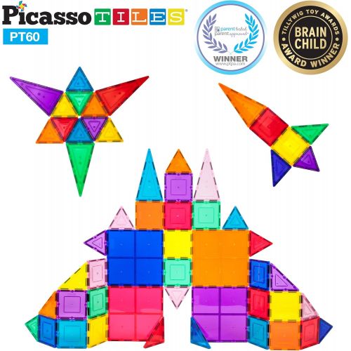  [아마존베스트]PicassoTiles 60 Piece Set 60pcs Magnet Building Tiles Clear Magnetic 3D Building Blocks Construction Playboards - Creativity beyond Imagination, Inspirational, Recreational, Educat