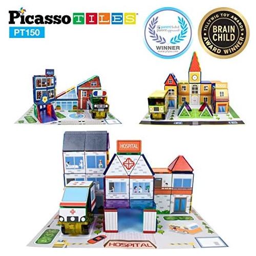  PicassoTiles 3-in-1 Theme Set School Hospital Police Station Magnet Self Adhesive Backing Stick-On Sheet Combo w/ Car Magnet Building Block Playset STEM Learning Construction Brain