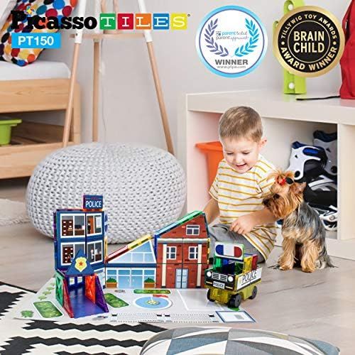  PicassoTiles 3-in-1 Theme Set School Hospital Police Station Magnet Self Adhesive Backing Stick-On Sheet Combo w/ Car Magnet Building Block Playset STEM Learning Construction Brain