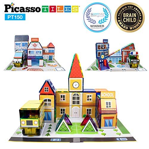  PicassoTiles 3-in-1 Theme Set School Hospital Police Station Magnet Self Adhesive Backing Stick-On Sheet Combo w/ Car Magnet Building Block Playset STEM Learning Construction Brain