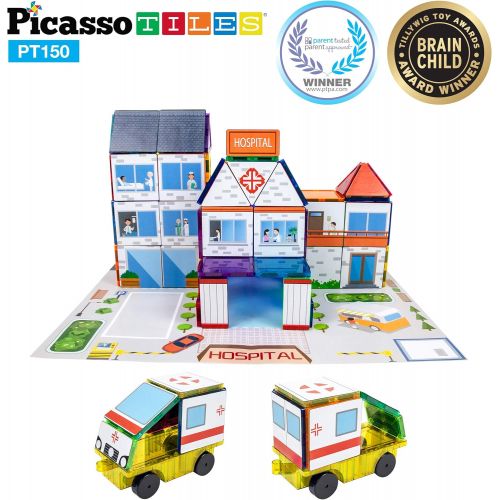  PicassoTiles 3-in-1 Theme Set School Hospital Police Station Magnet Self Adhesive Backing Stick-On Sheet Combo w/ Car Magnet Building Block Playset STEM Learning Construction Brain