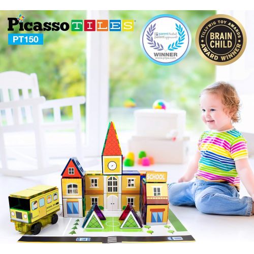  PicassoTiles 3-in-1 Theme Set School Hospital Police Station Magnet Self Adhesive Backing Stick-On Sheet Combo w/ Car Magnet Building Block Playset STEM Learning Construction Brain