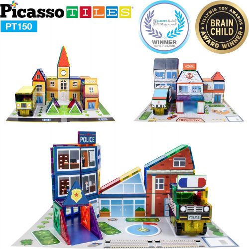  PicassoTiles 3-in-1 Theme Set School Hospital Police Station Magnet Self Adhesive Backing Stick-On Sheet Combo w/ Car Magnet Building Block Playset STEM Learning Construction Brain