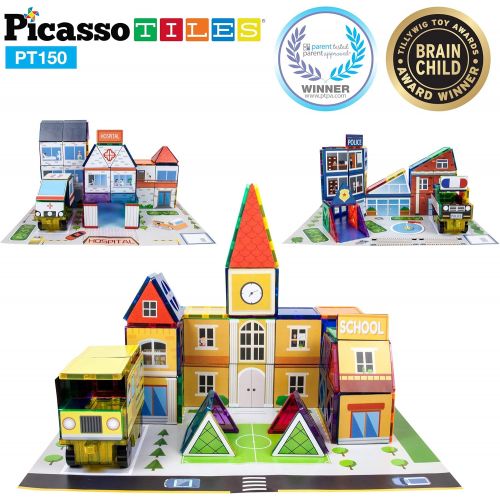  PicassoTiles 3-in-1 Theme Set School Hospital Police Station Magnet Self Adhesive Backing Stick-On Sheet Combo w/ Car Magnet Building Block Playset STEM Learning Construction Brain