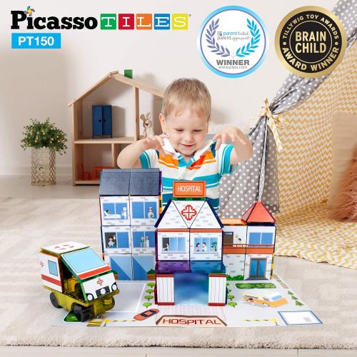  PicassoTiles 3-in-1 Theme Set School Hospital Police Station Magnet Self Adhesive Backing Stick-On Sheet Combo w/ Car Magnet Building Block Playset STEM Learning Construction Brain