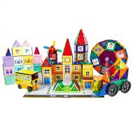 PicassoTiles 300pc Master Builder Magnetic Building Block Construction Set with Ferris Wheel, 3-in-1 Theme, Castle Click-in, 28 Educational Alphabet Animal and Number Graphic Card,