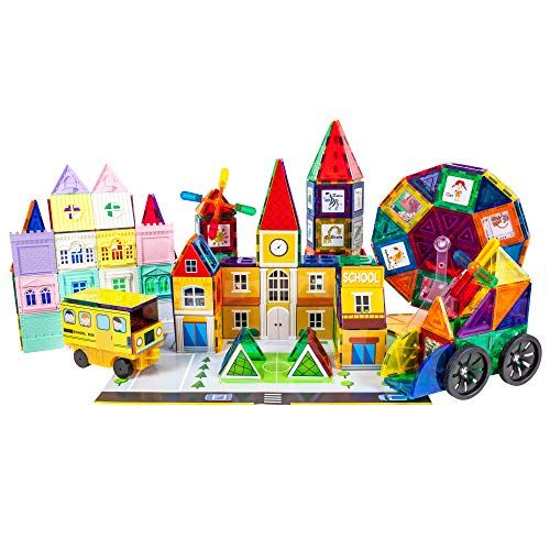  PicassoTiles 300pc Master Builder Magnetic Building Block Construction Set with Ferris Wheel, 3-in-1 Theme, Castle Click-in, 28 Educational Alphabet Animal and Number Graphic Card,