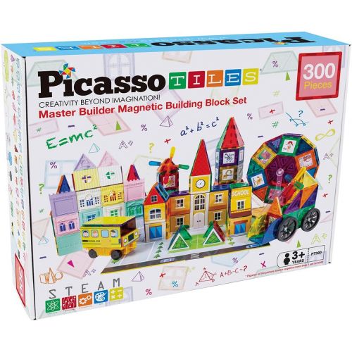  PicassoTiles 300pc Master Builder Magnetic Building Block Construction Set with Ferris Wheel, 3-in-1 Theme, Castle Click-in, 28 Educational Alphabet Animal and Number Graphic Card,