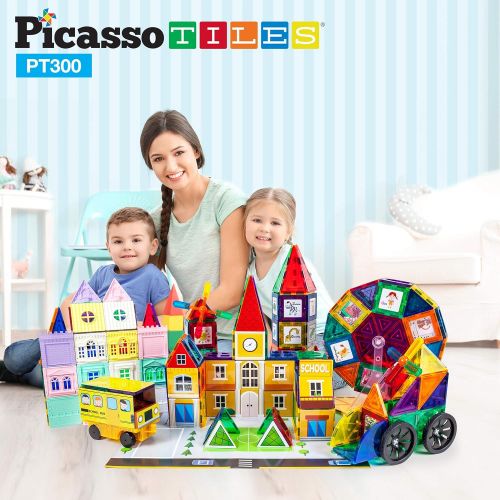  PicassoTiles 300pc Master Builder Magnetic Building Block Construction Set with Ferris Wheel, 3-in-1 Theme, Castle Click-in, 28 Educational Alphabet Animal and Number Graphic Card,