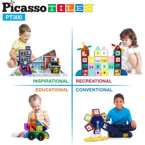  PicassoTiles 300pc Master Builder Magnetic Building Block Construction Set with Ferris Wheel, 3-in-1 Theme, Castle Click-in, 28 Educational Alphabet Animal and Number Graphic Card,