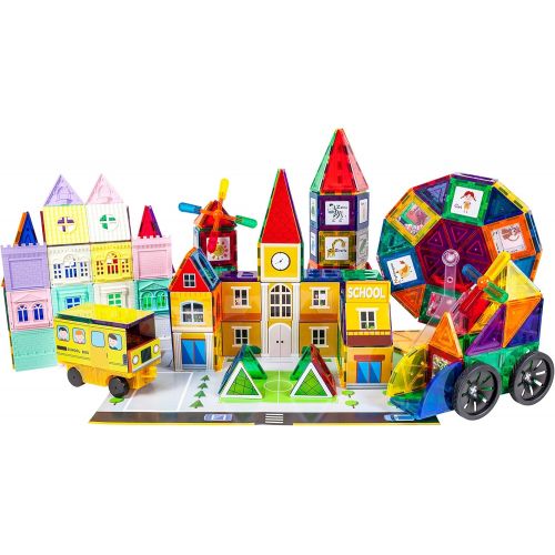  PicassoTiles 300pc Master Builder Magnetic Building Block Construction Set with Ferris Wheel, 3-in-1 Theme, Castle Click-in, 28 Educational Alphabet Animal and Number Graphic Card,