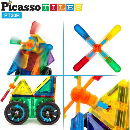  PicassoTiles 20 Piece Magnetic Building Blocks with Detachable Wheels and Windmill Click-in Inserts Magnet Construction Toy Car Set STEM Learning Kit Educational Playset Child Brai