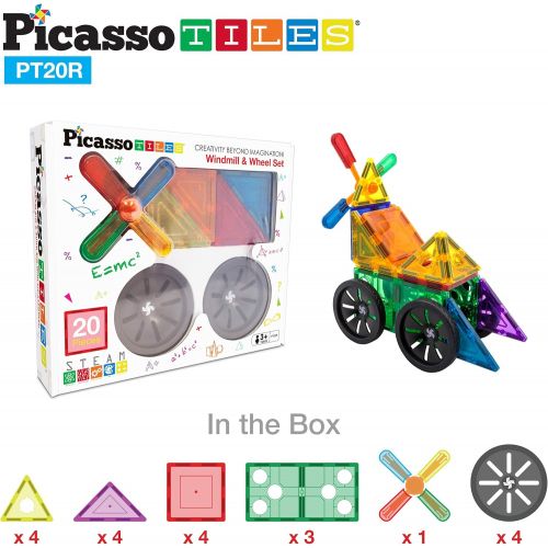  PicassoTiles 20 Piece Magnetic Building Blocks with Detachable Wheels and Windmill Click-in Inserts Magnet Construction Toy Car Set STEM Learning Kit Educational Playset Child Brai