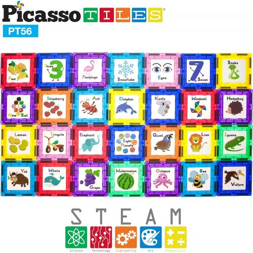  PicassoTiles 56 Piece Magnetic Building Blocks with 28pc Tiles and 28pc Educational Artwork Graphic Click-in Inserts Magnet Construction Toy Set STEM Learning Kit Playset Child Bra