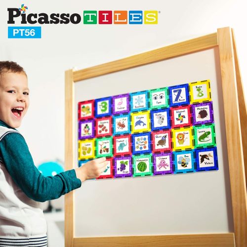  PicassoTiles 56 Piece Magnetic Building Blocks with 28pc Tiles and 28pc Educational Artwork Graphic Click-in Inserts Magnet Construction Toy Set STEM Learning Kit Playset Child Bra