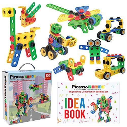  PicassoTiles Learning S.T.E.A.M. Engineering Toy Kit 100 Piece Building Block 3D Construction Stacking Set 100pc Educational Blocks w/Idea Book Included, Anchors, Motor Wheel, and