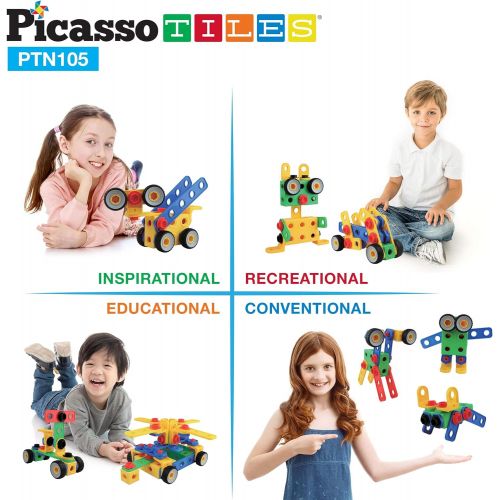  PicassoTiles Learning S.T.E.A.M. Engineering Toy Kit 100 Piece Building Block 3D Construction Stacking Set 100pc Educational Blocks w/Idea Book Included, Anchors, Motor Wheel, and