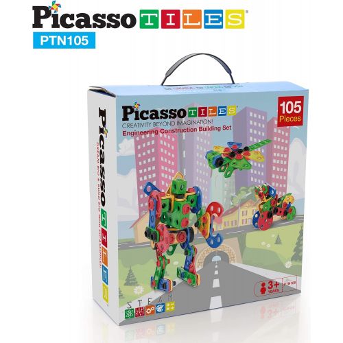  PicassoTiles Learning S.T.E.A.M. Engineering Toy Kit 100 Piece Building Block 3D Construction Stacking Set 100pc Educational Blocks w/Idea Book Included, Anchors, Motor Wheel, and