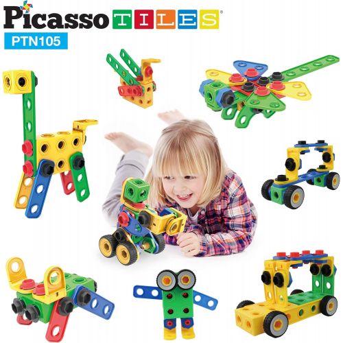  PicassoTiles Learning S.T.E.A.M. Engineering Toy Kit 100 Piece Building Block 3D Construction Stacking Set 100pc Educational Blocks w/Idea Book Included, Anchors, Motor Wheel, and