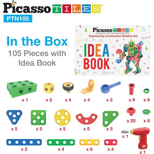  PicassoTiles Learning S.T.E.A.M. Engineering Toy Kit 100 Piece Building Block 3D Construction Stacking Set 100pc Educational Blocks w/Idea Book Included, Anchors, Motor Wheel, and