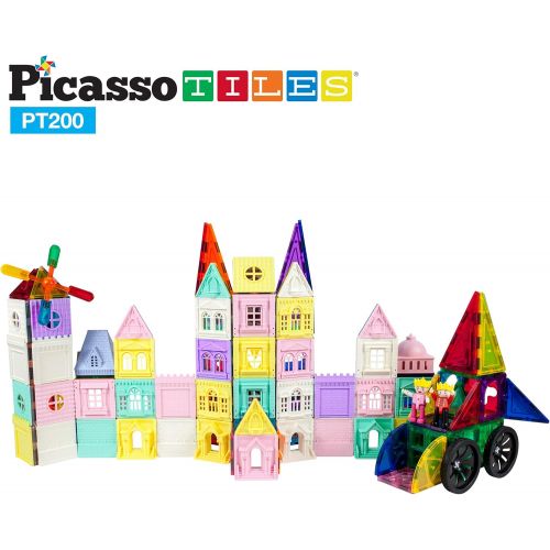  PicassoTiles 200 Piece Castle Click-in Set with 2 Figures, Car, and Windmill STEM Learning Playset Creative Child Brain Development Stacking Blocks Playboards PT200
