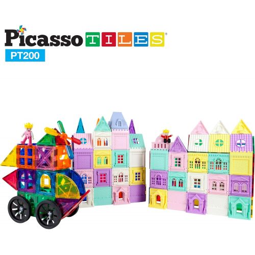  PicassoTiles 200 Piece Castle Click-in Set with 2 Figures, Car, and Windmill STEM Learning Playset Creative Child Brain Development Stacking Blocks Playboards PT200