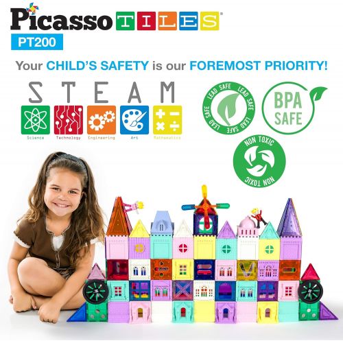  PicassoTiles 200 Piece Castle Click-in Set with 2 Figures, Car, and Windmill STEM Learning Playset Creative Child Brain Development Stacking Blocks Playboards PT200