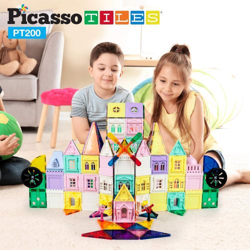  PicassoTiles 200 Piece Castle Click-in Set with 2 Figures, Car, and Windmill STEM Learning Playset Creative Child Brain Development Stacking Blocks Playboards PT200