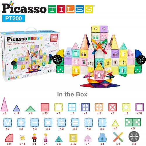  PicassoTiles 200 Piece Castle Click-in Set with 2 Figures, Car, and Windmill STEM Learning Playset Creative Child Brain Development Stacking Blocks Playboards PT200