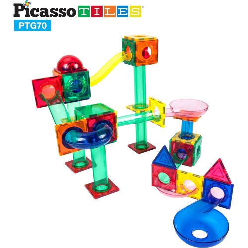  PicassoTiles 70 Piece Marble Run Race Track Magnetic Tiles Magnet Building Block Educational Construction Toy Set Playset STEM Learning Kit Child Brain Development HandEye Coordina