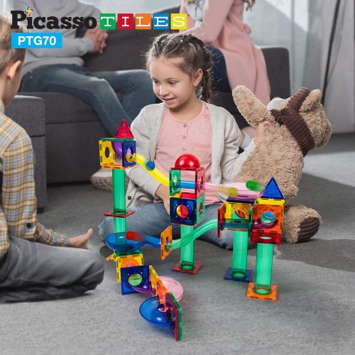  PicassoTiles 70 Piece Marble Run Race Track Magnetic Tiles Magnet Building Block Educational Construction Toy Set Playset STEM Learning Kit Child Brain Development HandEye Coordina