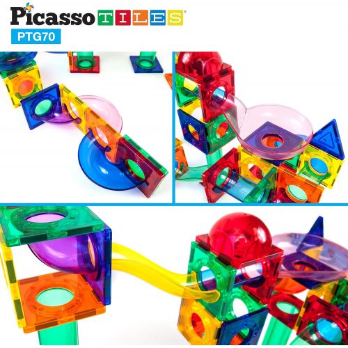  PicassoTiles 70 Piece Marble Run Race Track Magnetic Tiles Magnet Building Block Educational Construction Toy Set Playset STEM Learning Kit Child Brain Development HandEye Coordina