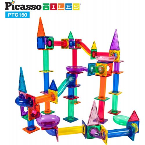  [아마존베스트]PicassoTiles Marble Run 150-Piece Magnetic Tile Race Track Toy Play Set STEM Building & Learning Educational Magnet Construction Kit Child Brain Development Toys Boys Girls Age 3 4