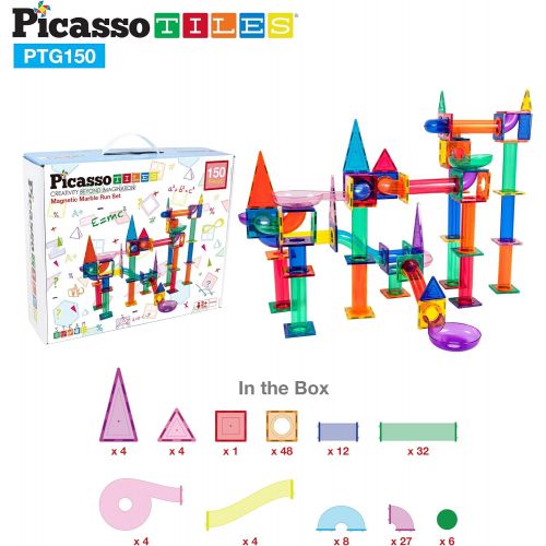  [아마존베스트]PicassoTiles Marble Run 150-Piece Magnetic Tile Race Track Toy Play Set STEM Building & Learning Educational Magnet Construction Kit Child Brain Development Toys Boys Girls Age 3 4