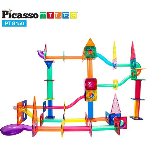  [아마존베스트]PicassoTiles Marble Run 150-Piece Magnetic Tile Race Track Toy Play Set STEM Building & Learning Educational Magnet Construction Kit Child Brain Development Toys Boys Girls Age 3 4