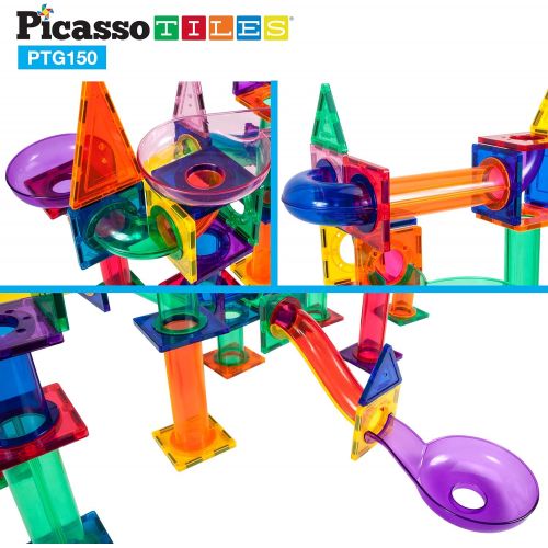  [아마존베스트]PicassoTiles Marble Run 150-Piece Magnetic Tile Race Track Toy Play Set STEM Building & Learning Educational Magnet Construction Kit Child Brain Development Toys Boys Girls Age 3 4